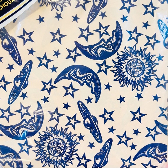 Vintage Celestial Wrapping Paper Moon Sun Planet Saturn Star Sky Creme Blue Bow - Picture 6 of 9